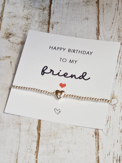 Happy birthday to my friend - Silver Plated Charm Bracelet with Silver Plated Heart Birthday gift for her