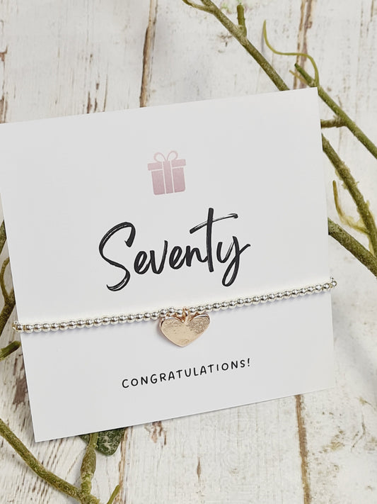 70th Happy Birthday - Seventy - 70th Birthday - Congratulations- Silver Plated Charm Bracelet Plated Heart Charm - 70th gift