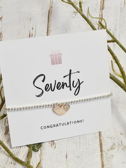 70th Happy Birthday - Seventy - 70th Birthday - Congratulations- Silver Plated Charm Bracelet Plated Heart Charm - 70th gift