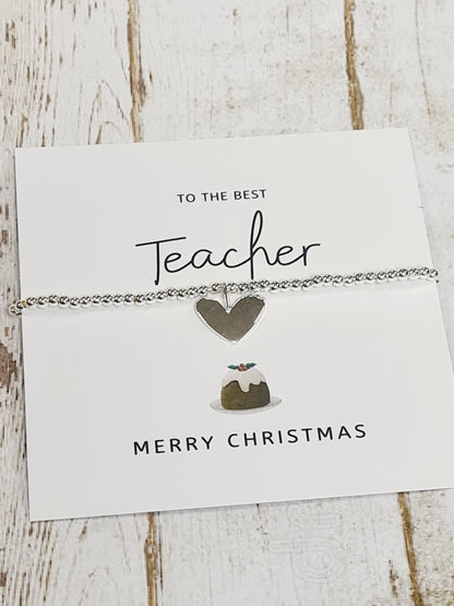 Teacher, Mentor, Support Worker - Secret Santa- Silver Plated Charm Bracelet & Heart Charm - Gift - Bracelet - Christmas Gift