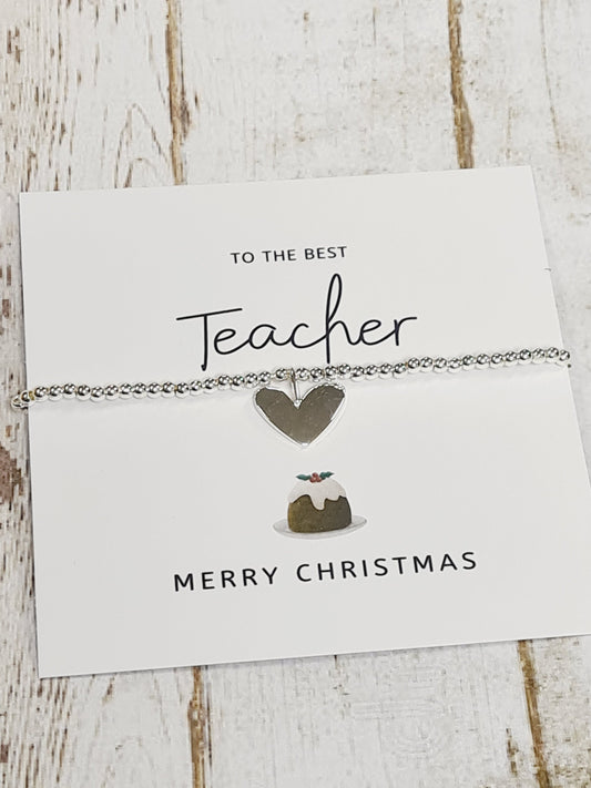 Teacher, Mentor, Support Worker - Secret Santa- Silver Plated Charm Bracelet & Heart Charm - Gift - Bracelet - Christmas Gift