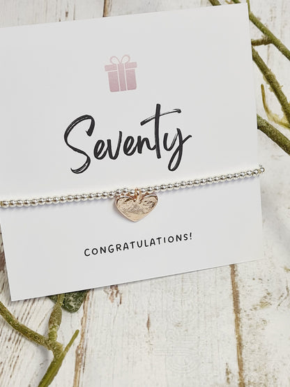 70th Happy Birthday - Seventy - 70th Birthday - Congratulations- Silver Plated Charm Bracelet Plated Heart Charm - 70th gift