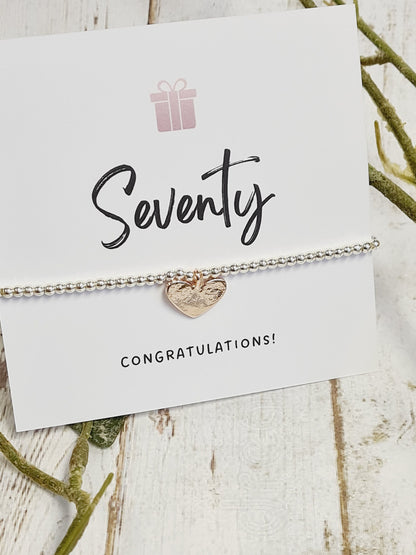 70th Happy Birthday - Seventy - 70th Birthday - Congratulations- Silver Plated Charm Bracelet Plated Heart Charm - 70th gift
