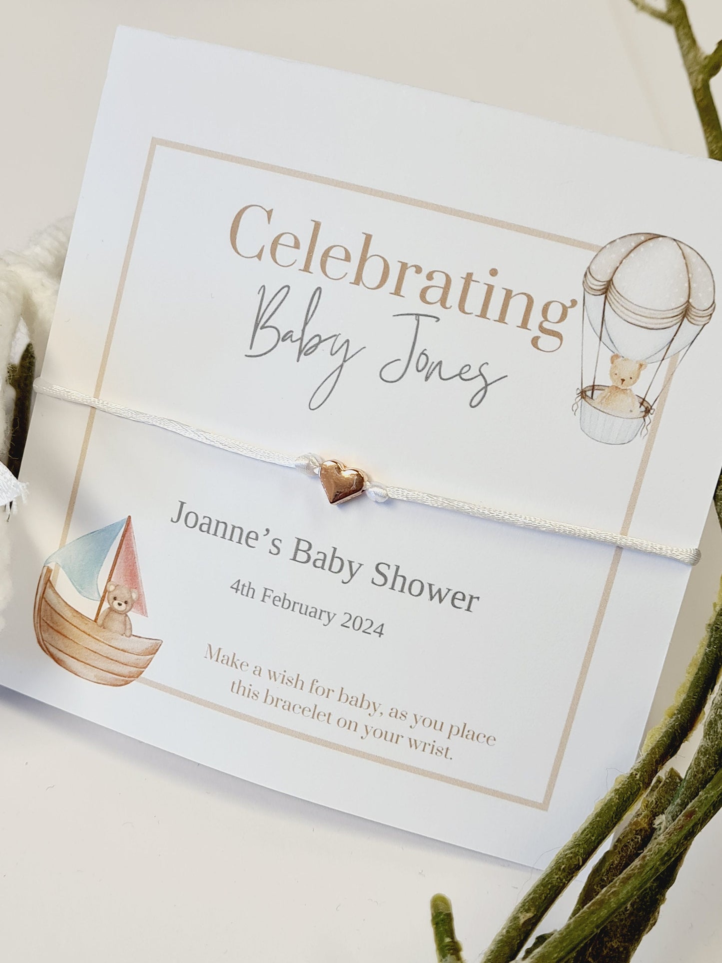 Teddy Bear Balloon & Boat - Personalised Baby Shower Wish Bracelet, Mummy to Be, Charm String Bracelet, Aqiqah Gift -Celebrating Baby -IG6