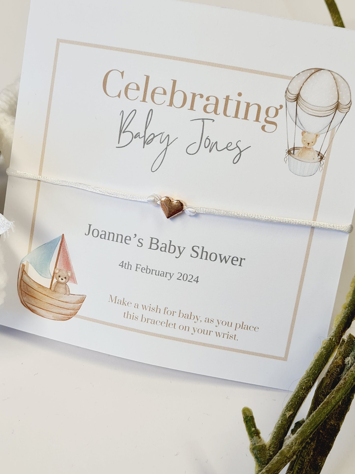 Teddy Bear Balloon & Boat - Personalised Baby Shower Wish Bracelet, Mummy to Be, Charm String Bracelet, Aqiqah Gift -Celebrating Baby -IG6