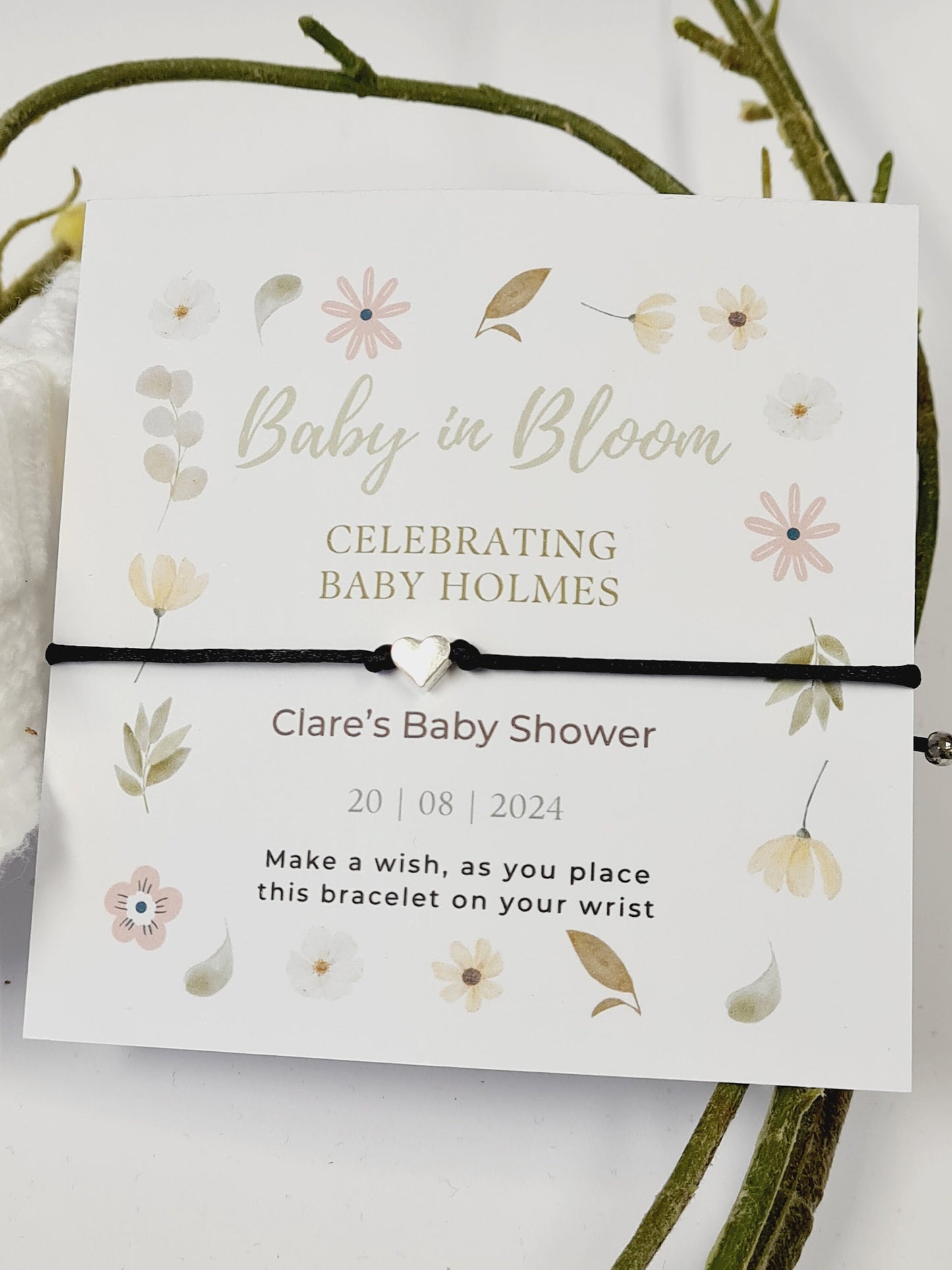 Baby Shower Baby in Bloom Charm-flowers - garden, boho, or nature-themed shower. Personalised Wish Bracelet