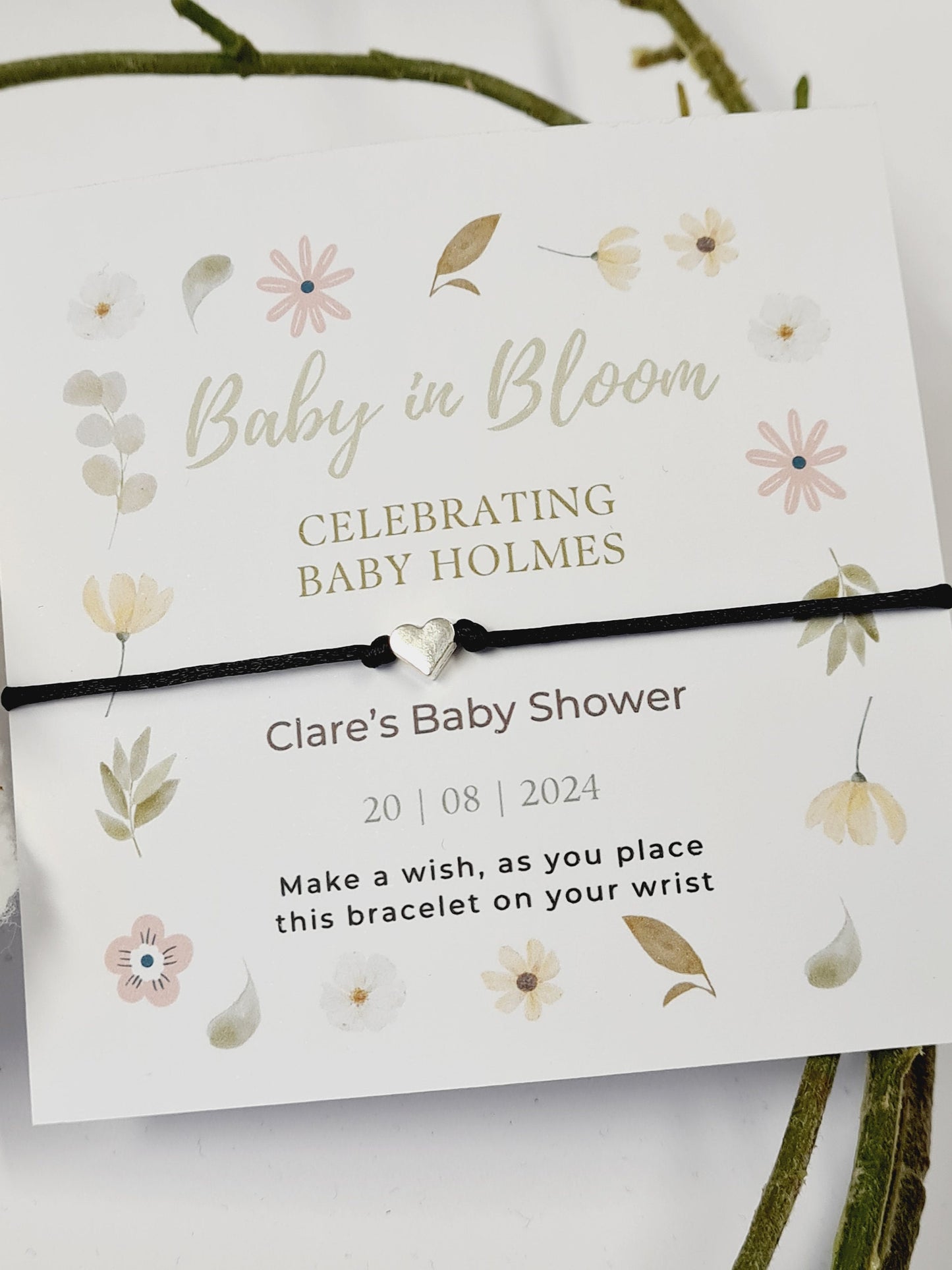 Baby in Bloom Charm-flowers - garden, boho, or nature-themed shower. Personalised Baby Shower Wish Bracelet