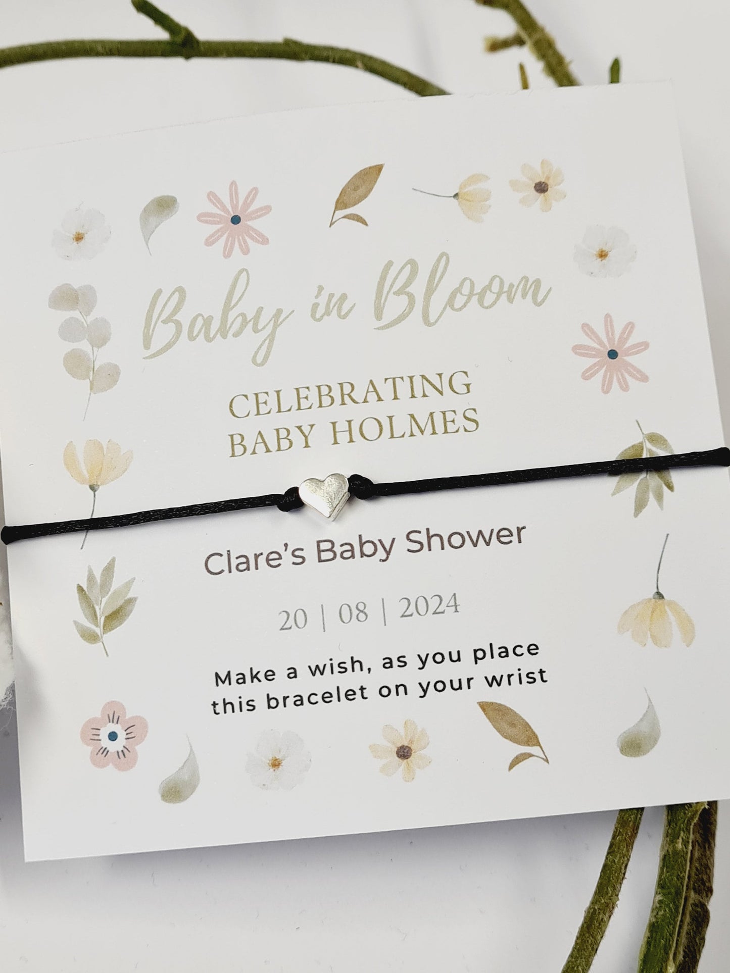 Baby Shower Baby in Bloom Charm-flowers - garden, boho, or nature-themed shower. Personalised Wish Bracelet