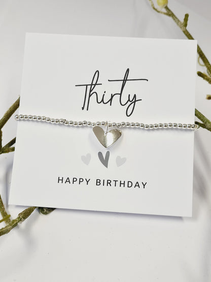 30, 30th, Thirty happy birthday- Silver Plated Heart charm bracelet, 30th birthday l