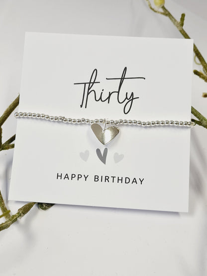 30, 30th, Thirty happy birthday- Silver Plated Heart charm bracelet, 30th birthday l