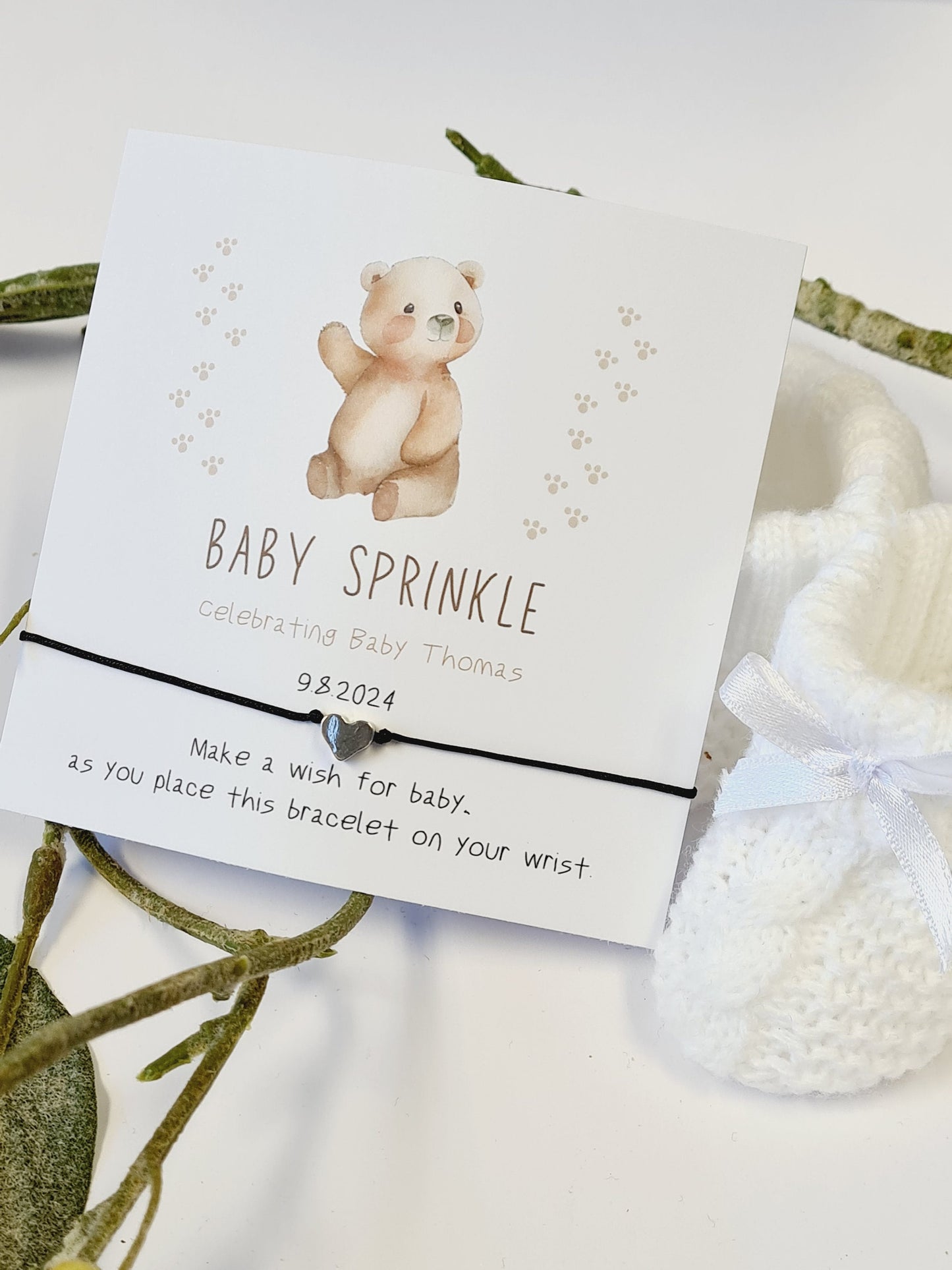 Baby Sprinkle-Teddy Bear-Personalised Baby Shower Wish Bracelet, Mummy to Be, Charm String Bracelet, Personalised Gift -Celebrating Baby-tr3