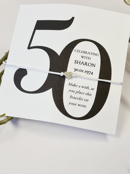 Pack of 10, 50th Birthday Wish Bracelet  Party Favour Gift, Milestone, Birthday Keepsake, Personalised