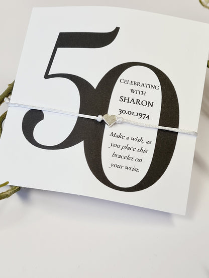 Pack of 10, 50th Birthday Wish Bracelet  Party Favour Gift, Milestone, Birthday Keepsake, Personalised