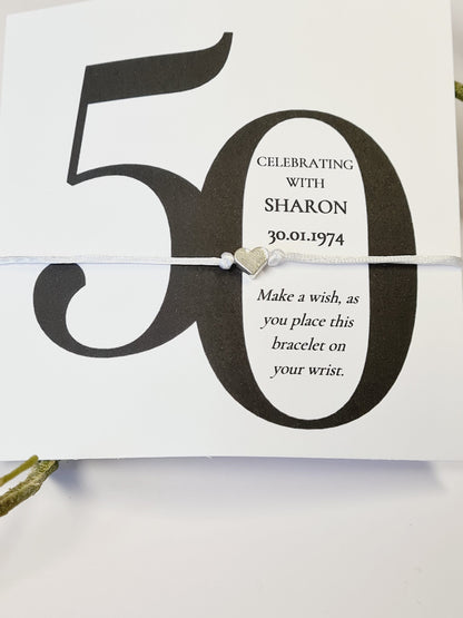Pack of 10, 50th Birthday Wish Bracelet  Party Favour Gift, Milestone, Birthday Keepsake, Personalised