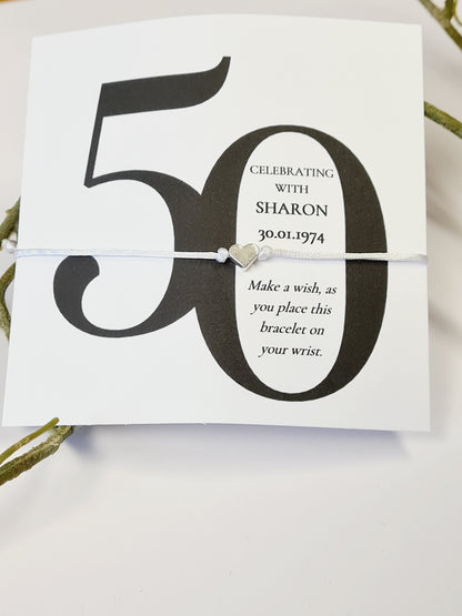 Pack of 10, 50th Birthday Wish Bracelet  Party Favour Gift, Milestone, Birthday Keepsake, Personalised