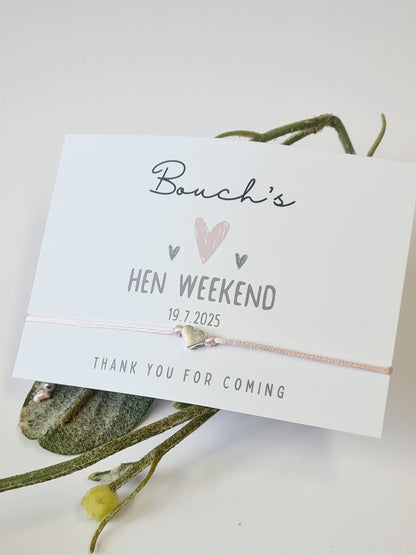 Personalised Hen Party Wish Bracelet – Silver Heart Charm, Hen Do Goodie Bag Filler, Hen Weekend Favours, Bridesmaid Gift
