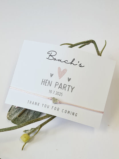 Personalised Hen Party Wish Bracelet – Silver Heart Charm, Hen Do Goodie Bag Filler, Hen Weekend Favours, Bridesmaid Gift