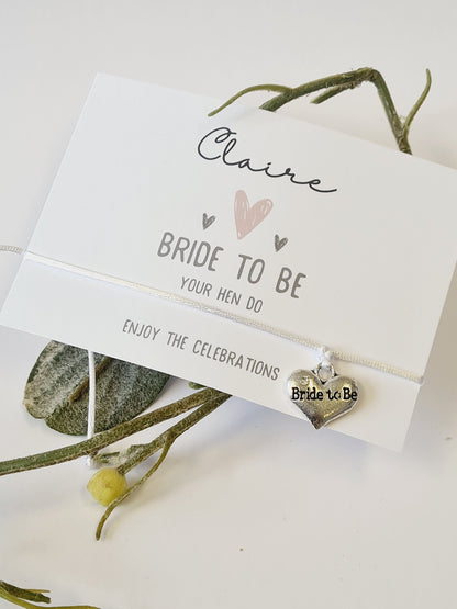 Personalised Hen Party Wish Bracelet – Silver Heart Charm, Hen Do Goodie Bag Filler, Hen Weekend Favours, Bridesmaid Gift
