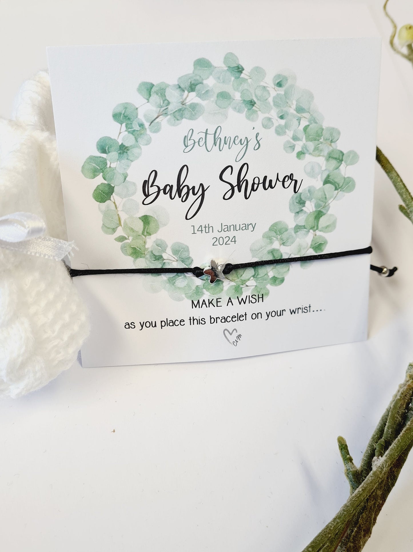 Eucalyptus Baby Shower Wish Bracelet: Personalised Charm String Gift, Boho, Fern - Gender Neutral