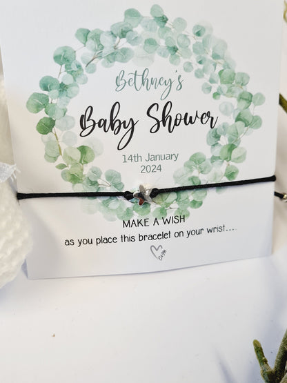 Eucalyptus Baby Shower Wish Bracelet: Personalised Charm String Gift, Boho, Fern - Gender Neutral