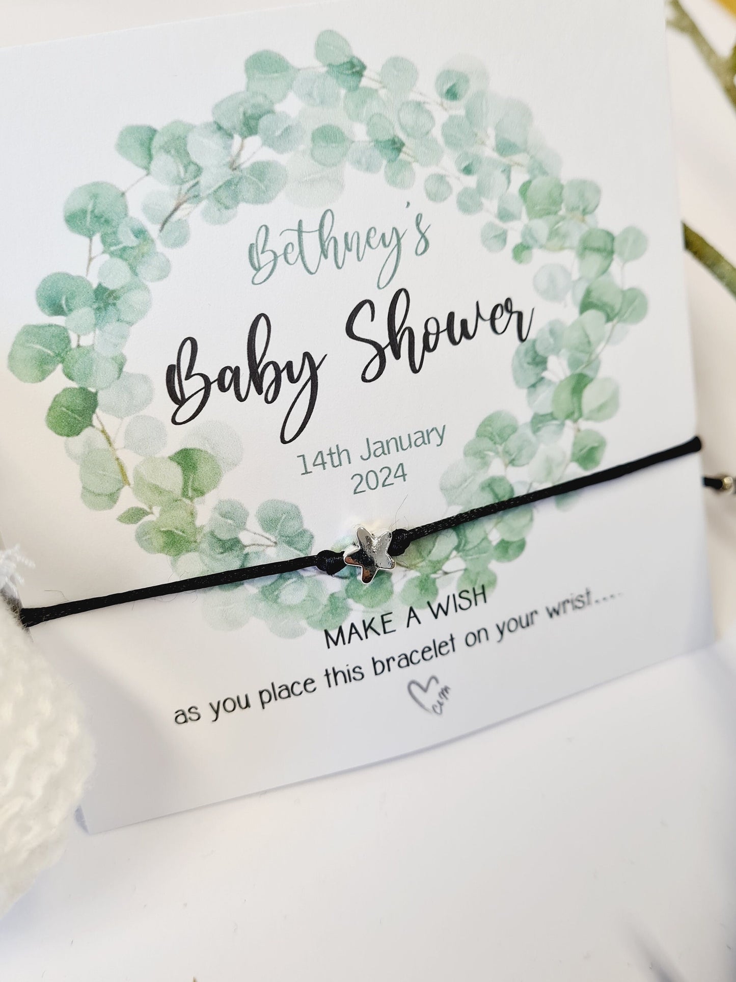 Eucalyptus Baby Shower Wish Bracelet: Personalised Charm String Gift, Boho, Fern - Gender Neutral