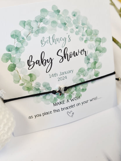 Eucalyptus Baby Shower Wish Bracelet: Personalised Charm String Gift, Boho, Fern - Gender Neutral
