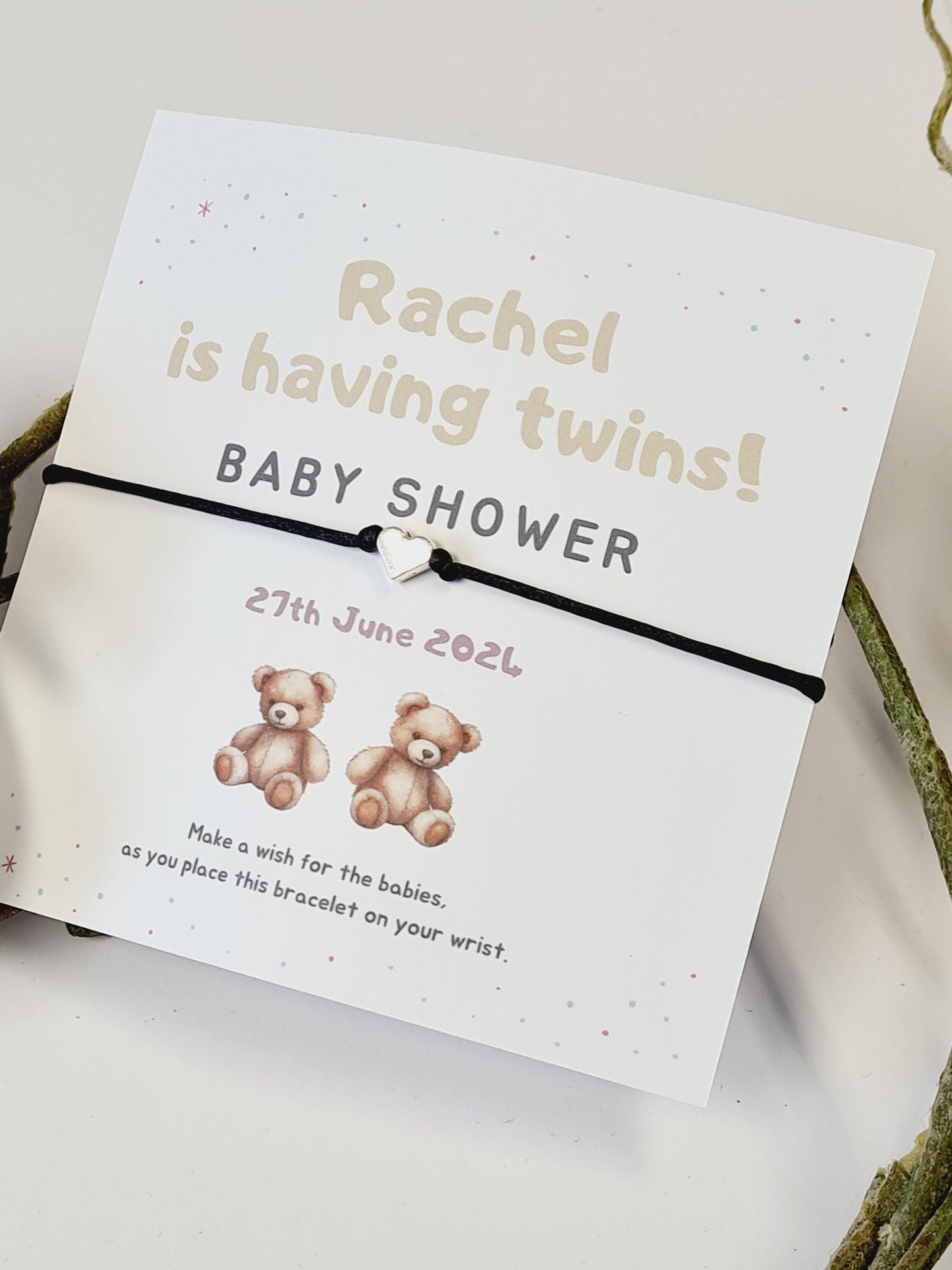 Twins Baby Shower Wish Bracelet: Personalised Charm String, Mummy To Be - Gender Neutral