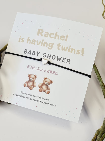 Twins Baby Shower Wish Bracelet: Personalised Charm String, Mummy To Be - Gender Neutral