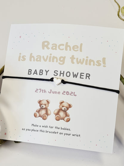 Twins Baby Shower Wish Bracelet: Personalised Charm String, Mummy To Be - Gender Neutral
