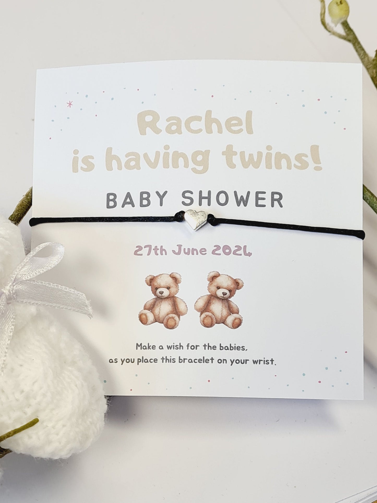 Twins Baby Shower Wish Bracelet: Personalised Charm String, Mummy To Be - Gender Neutral