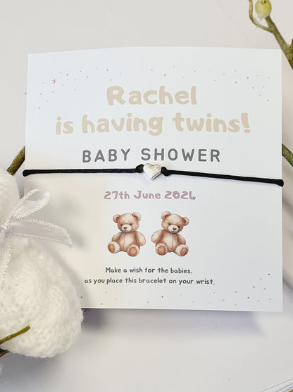 Twins Baby Shower Wish Bracelet: Personalised Charm String, Mummy To Be - Gender Neutral