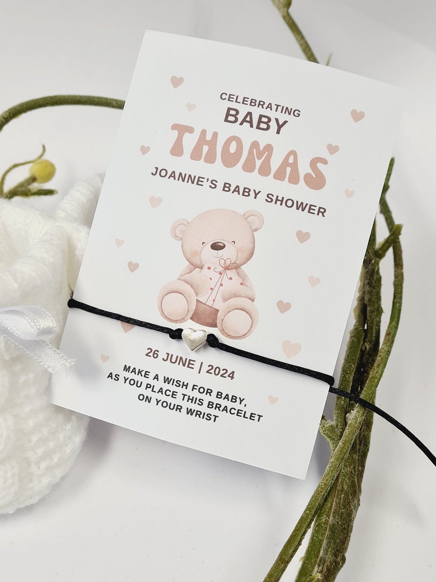 Teddy Bear - Personalised Baby Shower Wish Bracelet, Mummy to Be, Charm String Bracelet, Personalised Gift -Celebrating - Aqiqah -B23