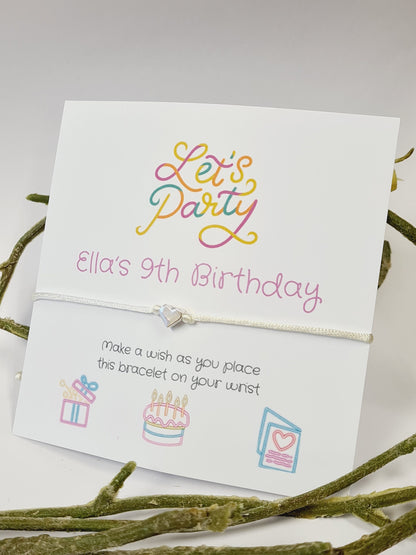 Let's Party Neon Design Birthday - wish string charm bracelet - Party bag filler - Personalised - Any age - Girls - Party 504