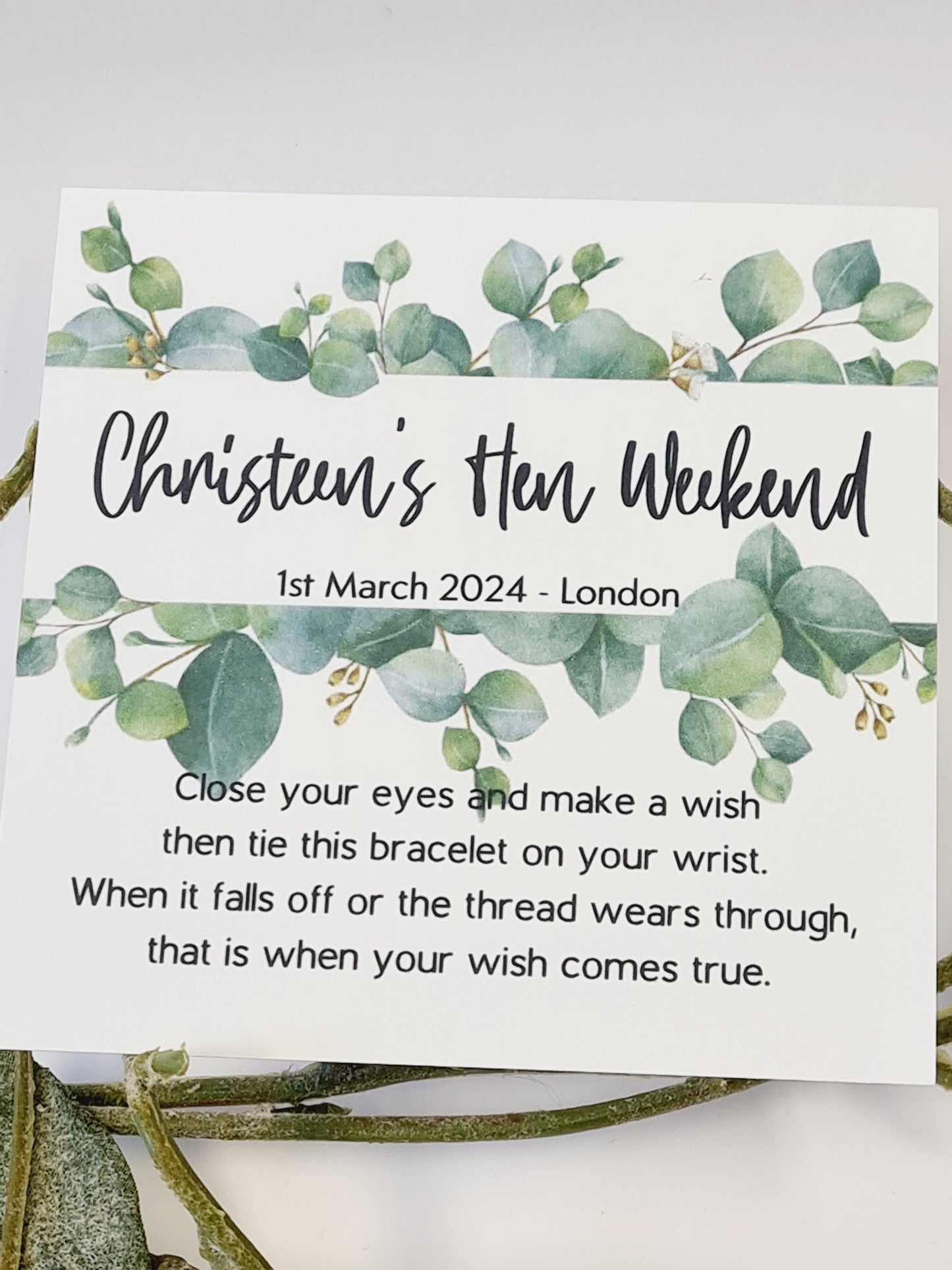 Eucalyptus Hen Party Wish Bracelet: Personalized Goodie Bag Filler
