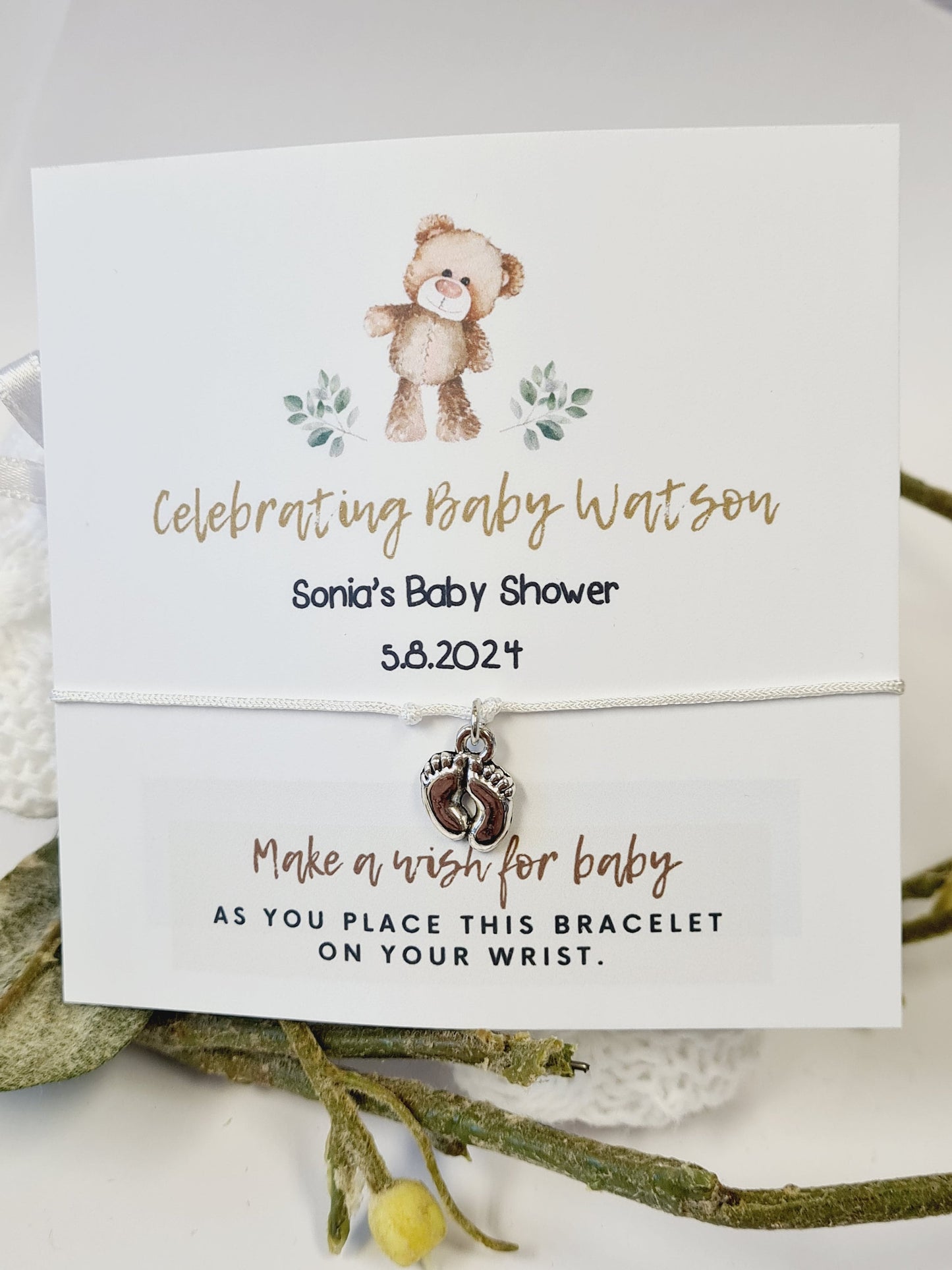 Personalised Baby Shower Wish Bracelet: Teddy Bear Design  - Charm Bracelet - Gender Neutral