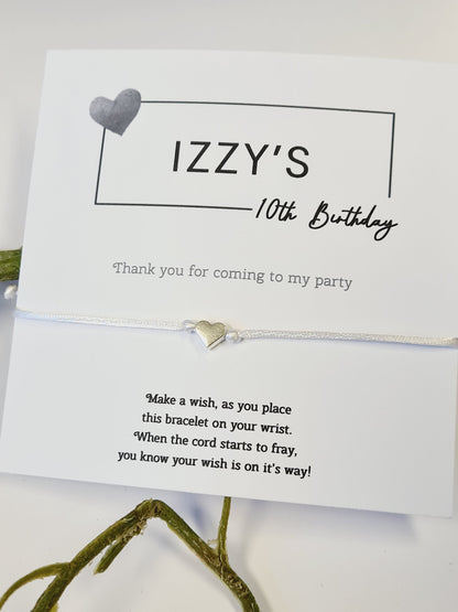 Personalized Wish Bracelet: Silver Heart Charm, Birthday Party Favor