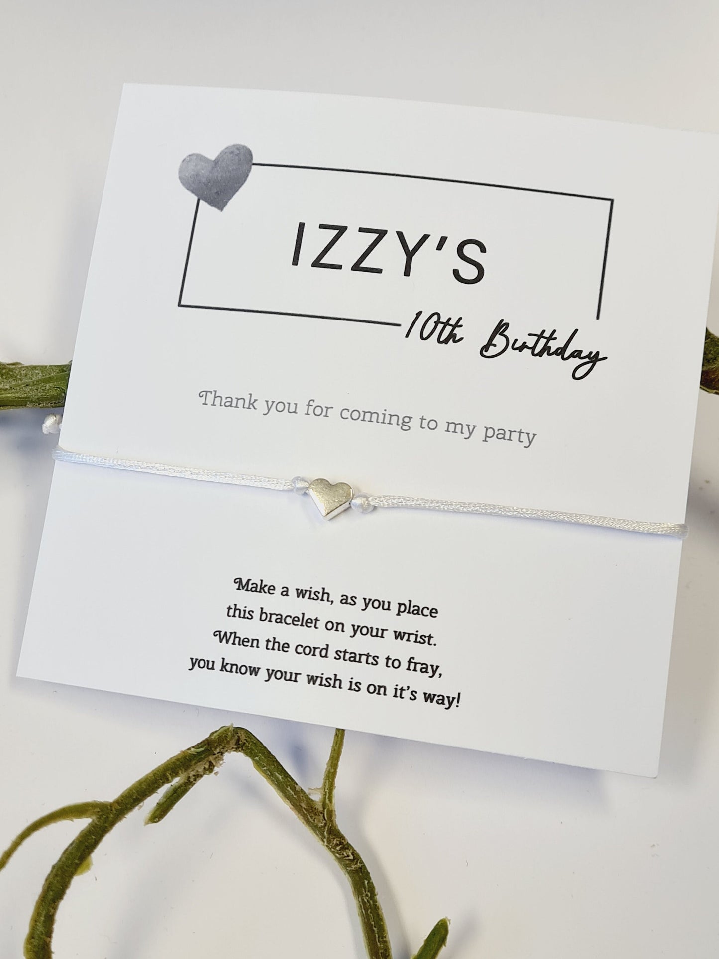 Personalized Wish Bracelet: Silver Heart Charm, Birthday Party Favor