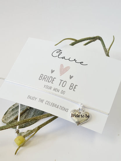 Personalised Hen Party Wish Bracelet – Silver Heart Charm, Hen Do Goodie Bag Filler, Hen Weekend Favours, Bridesmaid Gift