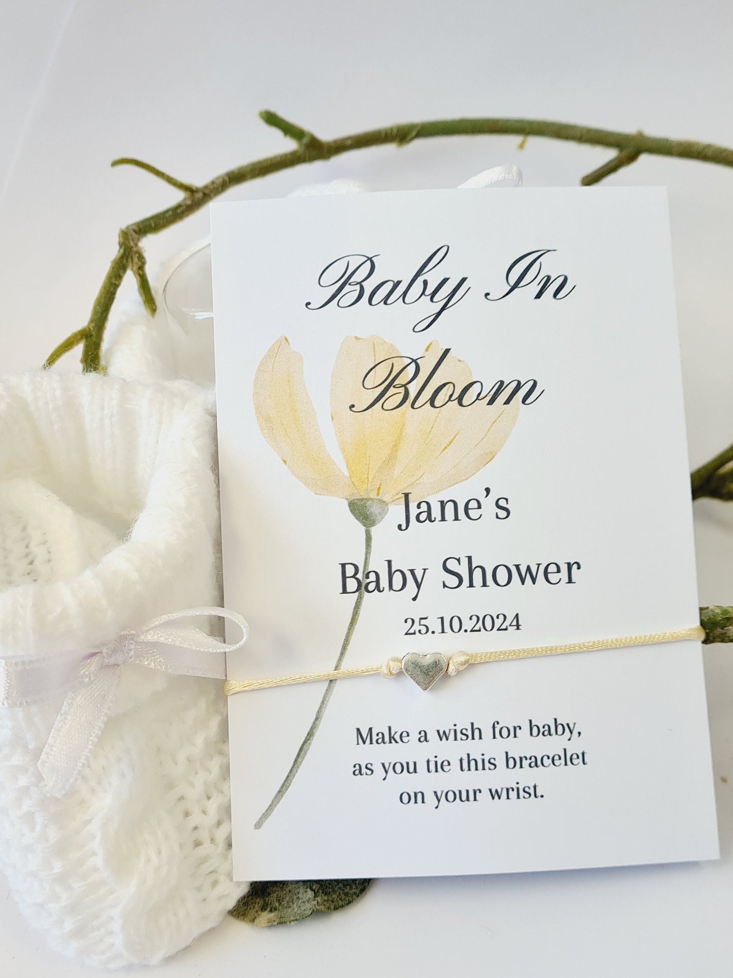 Baby in Bloom- Personalised Baby Shower Wish Bracelet, Mummy to Be, Charm String Bracelet, Personalised Gift -Celebrating Baby - V6