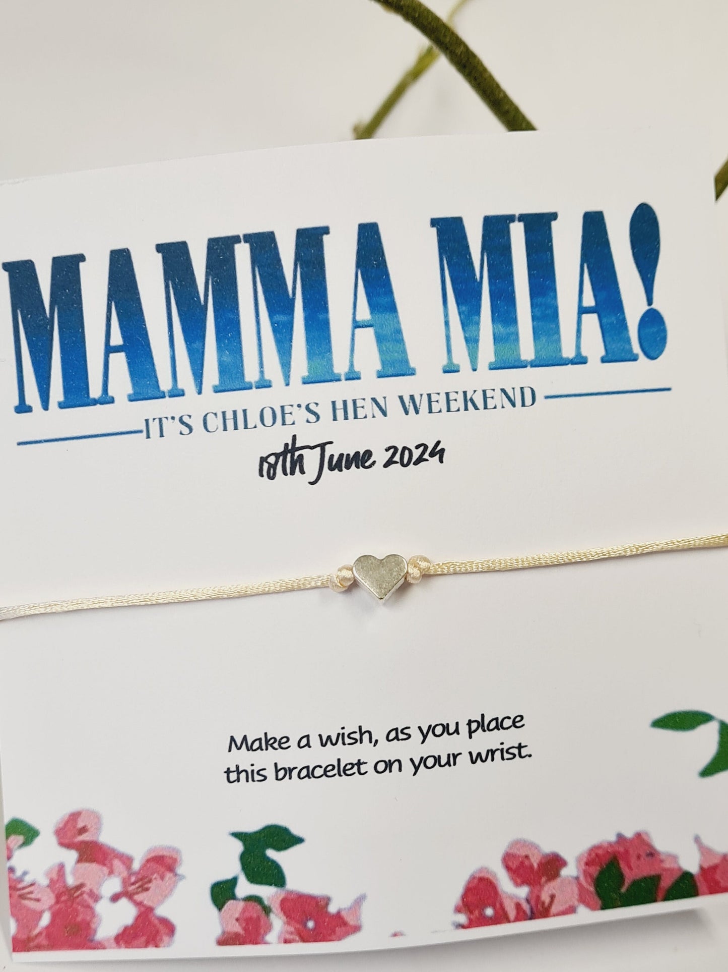 Mamma Mia Hen Party Wish Bracelet – Personalised Bachelorette Favour, Hen Do Gift, Hen Weekend Keepsake - Birthday, Party Keepsake