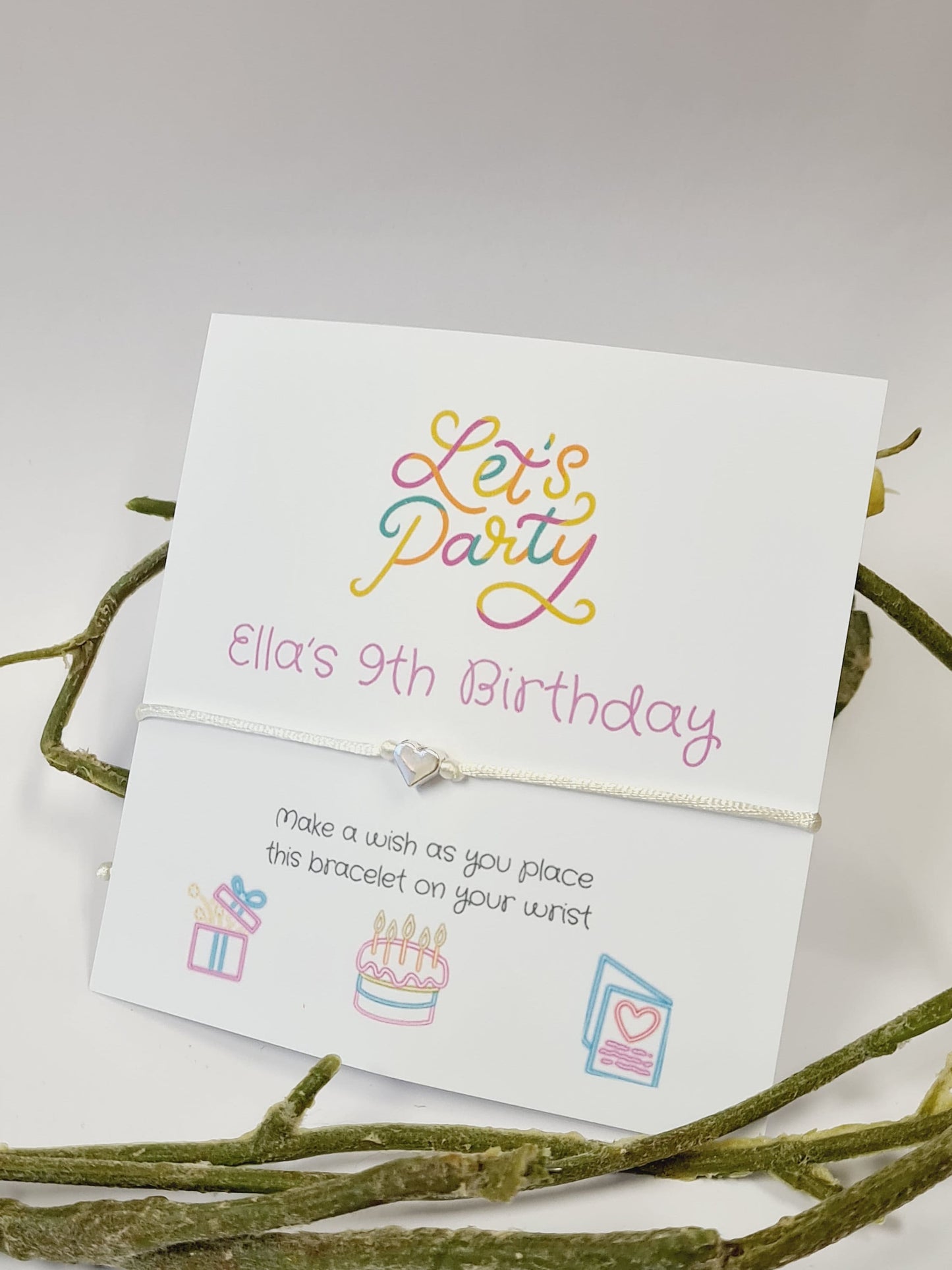 Let's Party Neon Design Birthday - wish string charm bracelet - Party bag filler - Personalised - Any age - Girls - Party 504