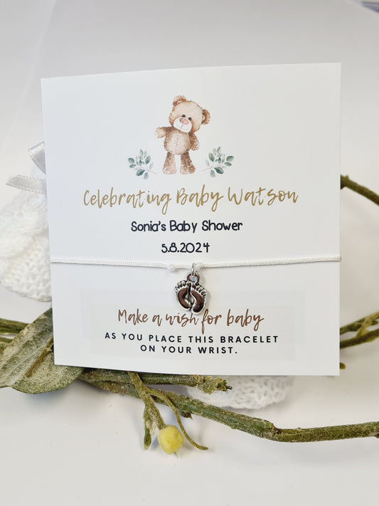 Personalised Baby Shower Wish Bracelet: Teddy Bear Design  - Charm Bracelet - Gender Neutral