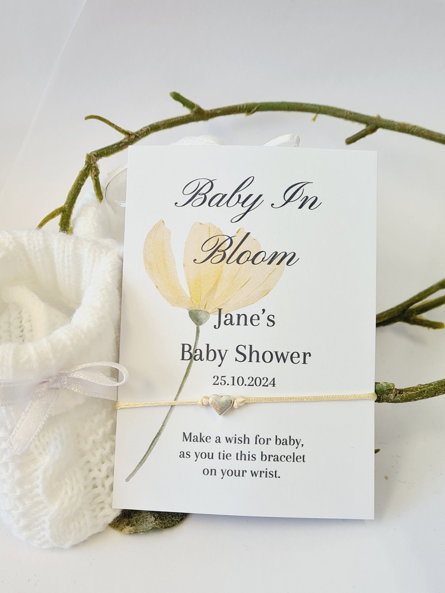 Baby in Bloom- Personalised Baby Shower Wish Bracelet, Mummy to Be, Charm String Bracelet, Personalised Gift -Celebrating Baby - V6