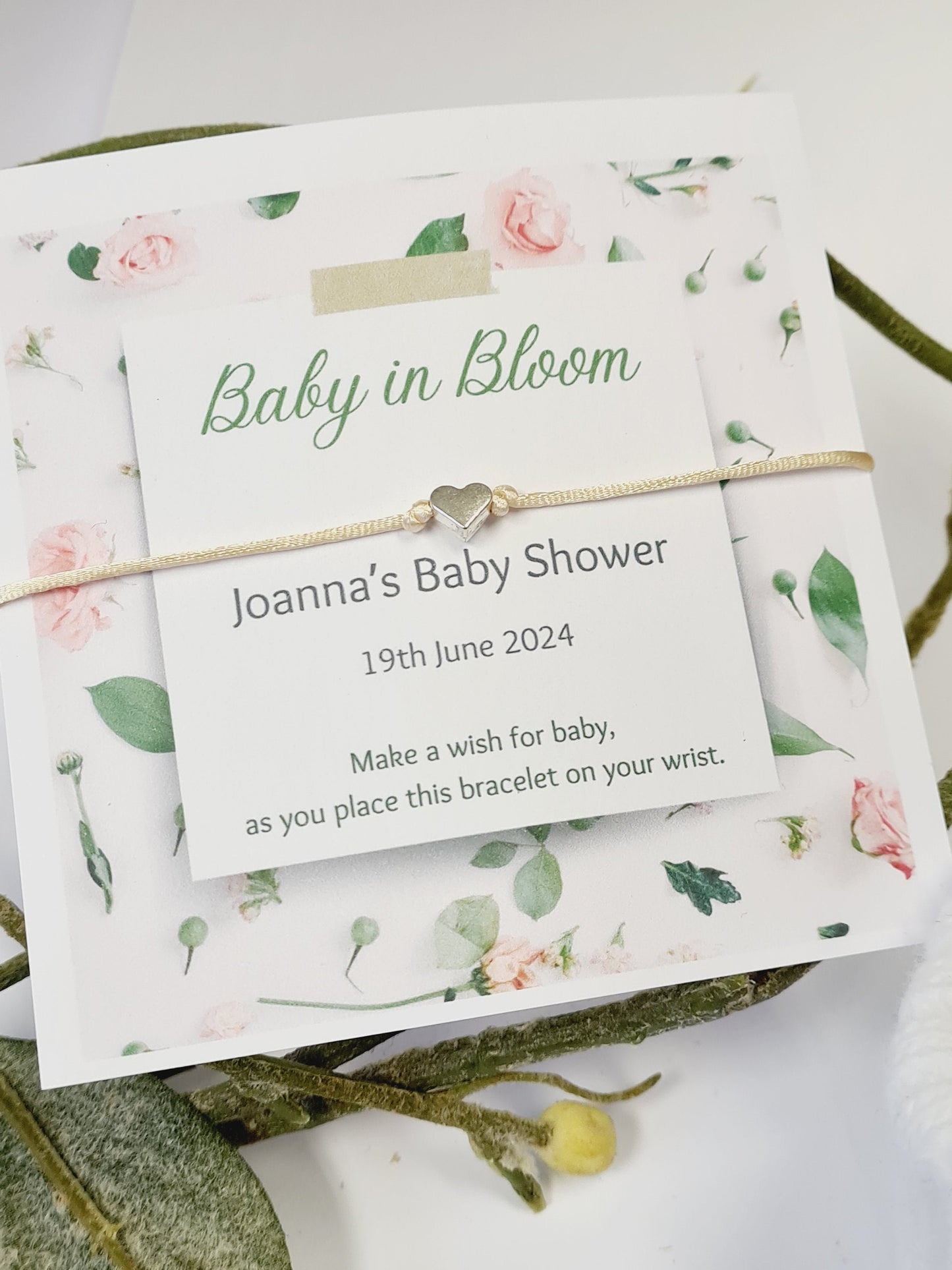 Baby in Bloom Baby Shower Wish Bracelet: Heart Charm, Mummy To Be Gift, Personalised