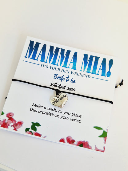 Mamma Mia Hen Party Wish Bracelet – Personalised Bachelorette Favour, Hen Do Gift, Hen Weekend Keepsake - Birthday, Party Keepsake