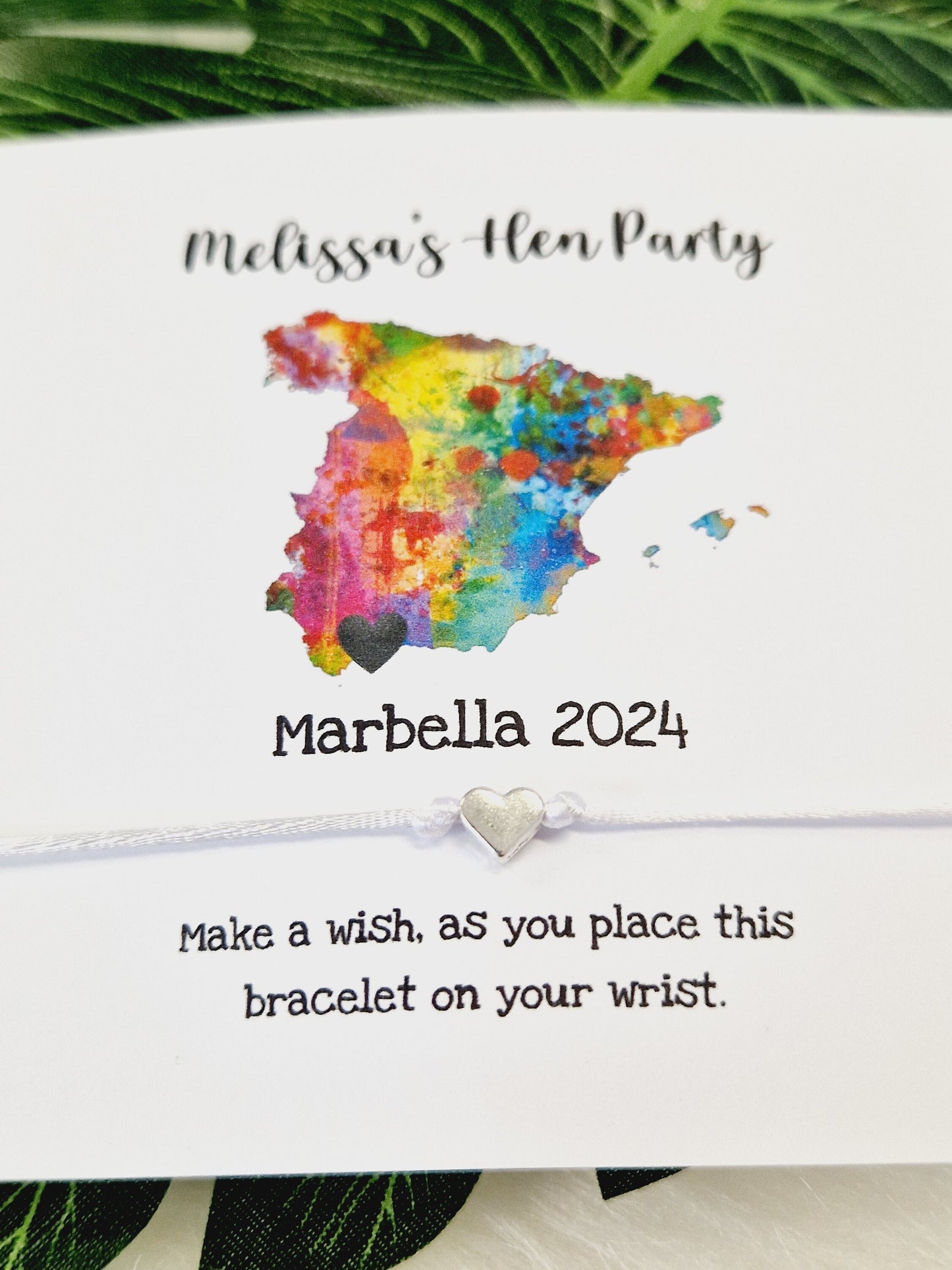 Marbella - Spain Map with heart - Hen Party Personalised Wish Bracelets - Calligraphy - Girls Weekend- Hen Do- MV6