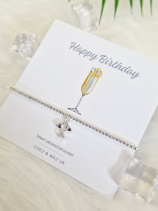 Silver plated Happy Birthday I  Friend I  Birthday Gifts For Women I Beaded Silver Jewellery with Silver champagne glasses