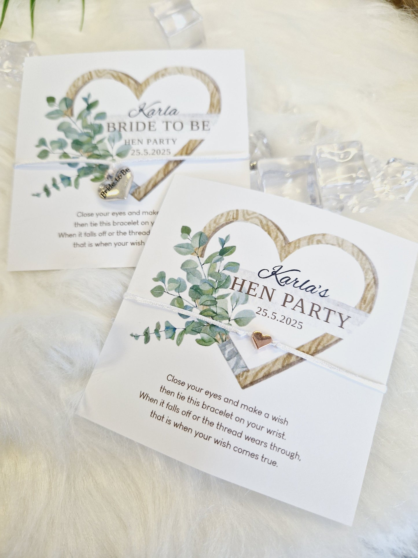 Eucalyptus heart Hen Party Wish Bracelets - Personalised  - Goodie Bag Filler - Hen Weekend, Hen Do, Girls Weekend - Bride to Be - EH3