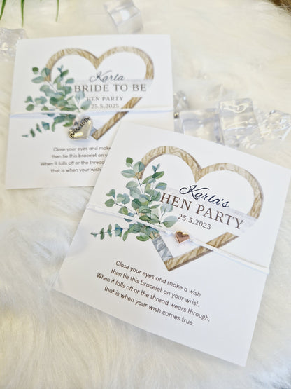 Eucalyptus heart Hen Party Wish Bracelets - Personalised  - Goodie Bag Filler - Hen Weekend, Hen Do, Girls Weekend - Bride to Be - EH3