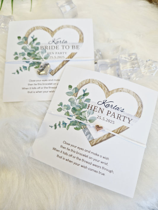 Eucalyptus heart Hen Party Wish Bracelets - Personalised  - Goodie Bag Filler - Hen Weekend, Hen Do, Girls Weekend - Bride to Be - EH3